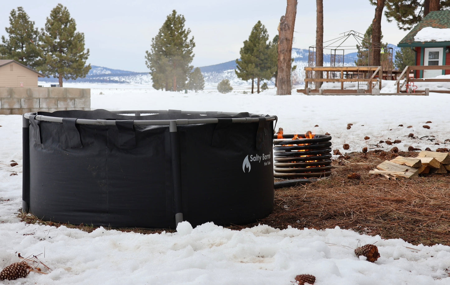 Portable hot tub in the snow