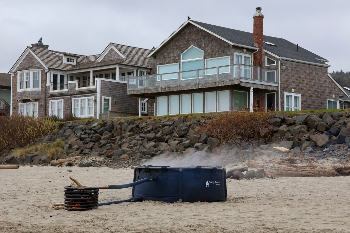 portable hot tub in front of house